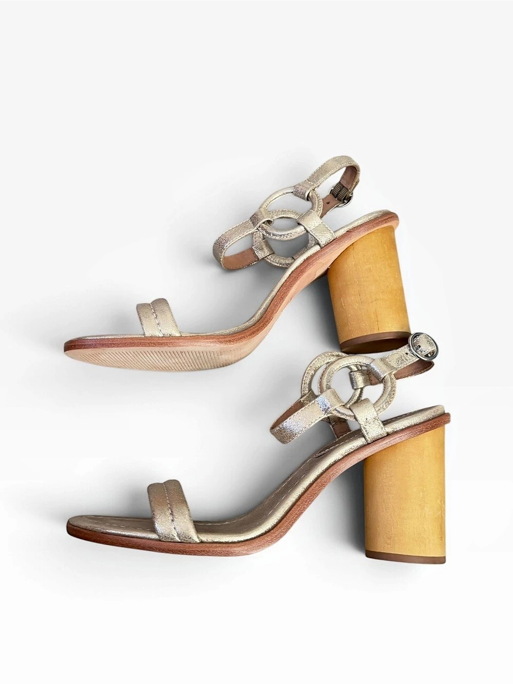 Bernardo Anthropologie Harlow Heeled Sandal Wood Block Gold Leather 9.5 Formal - Picture 9 of 11